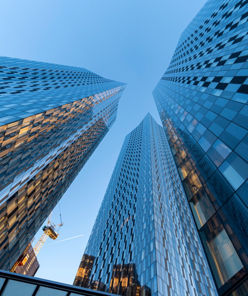 Deansgate Square residential towers viewed from below